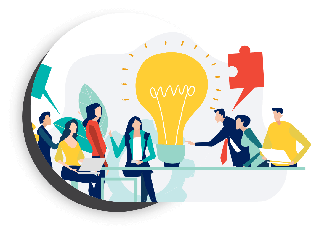 vector graphic of team working together with lightbulb