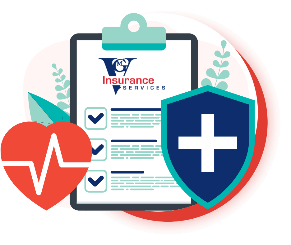 vector graphic of clipboard with secure shield and heart pulse icon with VGM Insurance logo