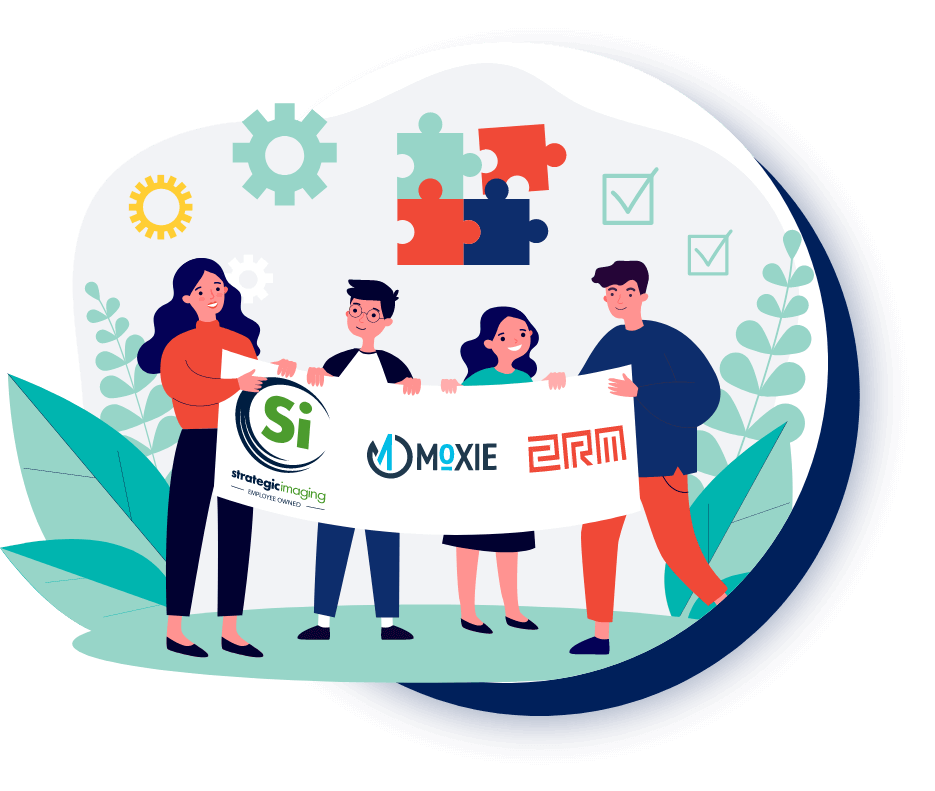 vector image for marketing and print services with strategic imaging, Moxie and 2RM logos
